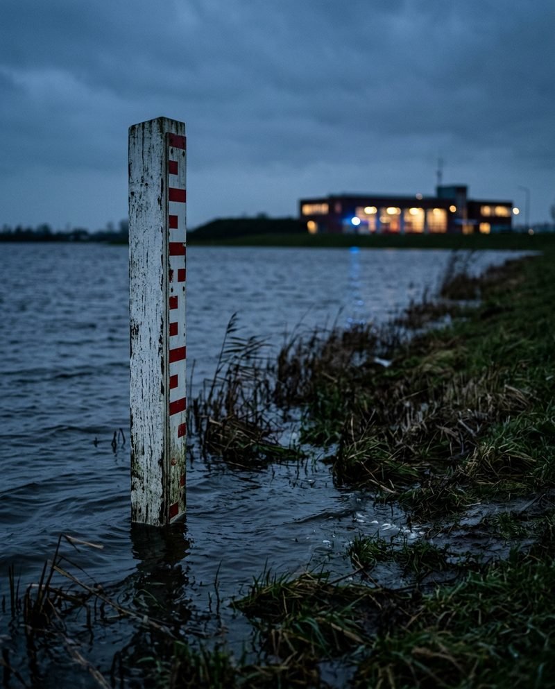 Eine Pegellatte steht in der Dämmerung im Hochwasser an einem Deich. Das Wasser reicht fast bis zur obersten Markierung und im Hintergrund leuchtet eine Wache (KI-Bild)