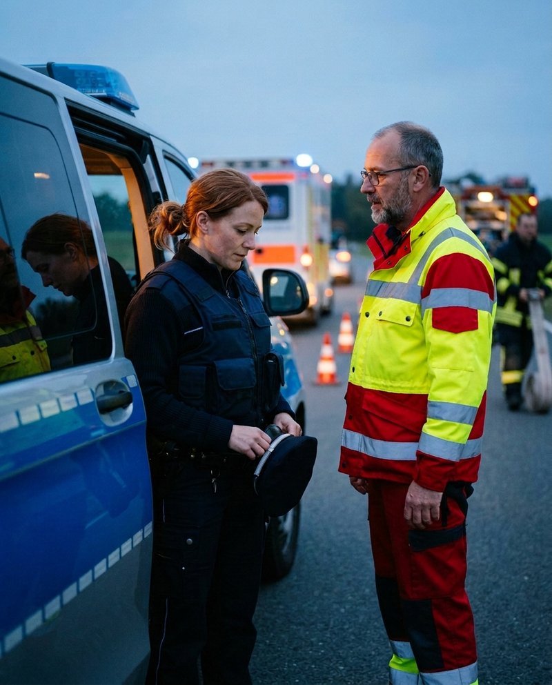 Eine Polizistin und ein Notfallsanitäter sprechen nach einem Einsatz in der Abenddämmerung an einem Streifenwagen miteinander. Im Hintergrund stehen Rettungswagen und Löschfahrzeug (KI-Bild)