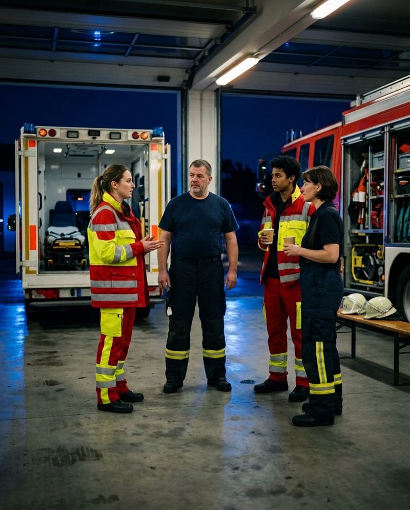 Zwei Einsatzkräfte vom Rettungsdienst und zwei von der Feuerwehr stehen nachts in der Fahrzeughalle zwischen Rettungswagen und Löschfahrzeug. Sie sprechen nach einem Einsatz miteinander (KI-Bild)