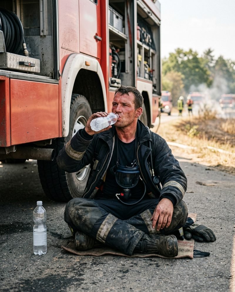 Ein Feuerwehrmann sitzt nach einem Einsatz bei Hitze im Schatten neben dem Löschfahrzeug. Er trinkt Wasser aus einer Flasche und die Atemschutzmaske hängt um seinen Hals (KI-Bild)