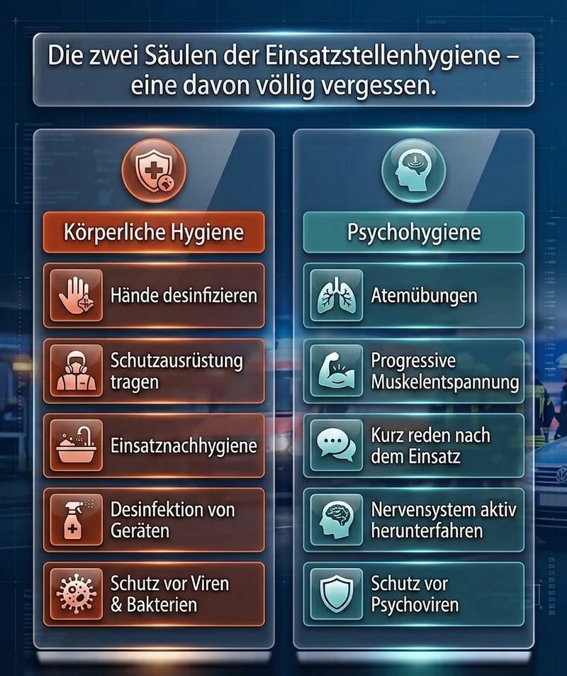 Infografik zu den zwei Säulen der Einsatzstellenhygiene: links körperliche Hygiene wie Händedesinfektion und Schutzausrüstung, rechts Psychohygiene wie Atemübungen und Muskelentspannung (KI-Bild)