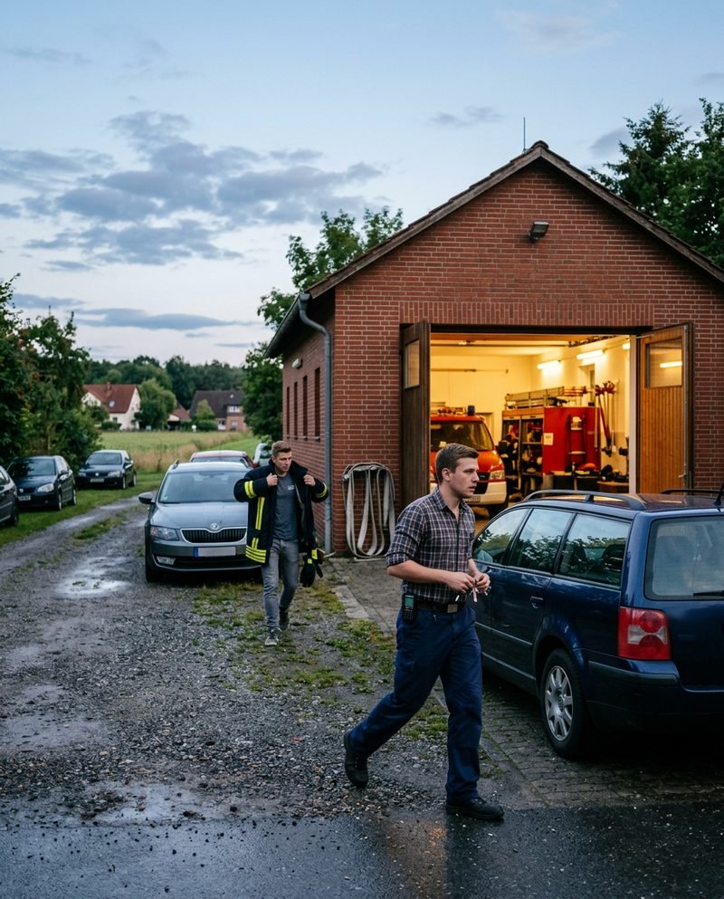 Freiwillige Feuerwehrleute kommen nach einem Alarm mit ihren Privatautos am Gerätehaus eines Dorfes an. Ein Mann in Arbeitskleidung eilt zum Tor (KI-Bild)