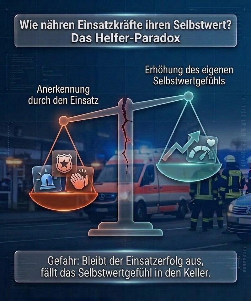 Infografik zum Helfer-Paradox: Eine Waage mit Riss verbindet die Anerkennung durch den Einsatz mit dem eigenen Selbstwertgefühl. Darunter steht: Bleibt der Einsatzerfolg aus, fällt das Selbstwertgefühl in den Keller (KI-Bild)