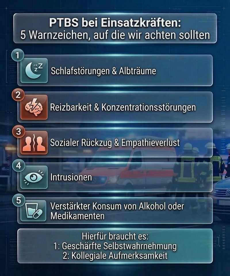 Infografik mit fünf Warnzeichen nach belastenden Einsätzen: Schlafstörungen und Albträume sowie Reizbarkeit und Konzentrationsstörungen. Dazu kommen sozialer Rückzug und Empathieverlust, Intrusionen und mehr Alkohol oder Medikamente (KI-Bild)