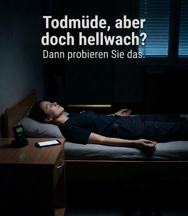 Rettungsdienstmitarbeiterin liegt nachts entspannt mit geschlossenen Augen im dunklen Ruheraum einer Wache, auf dem Nachttisch Melder und Smartphone (KI-Bild)