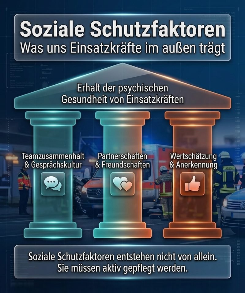 Infografik: Drei Säulen tragen ein Dach mit der Aufschrift „Erhalt der psychischen Gesundheit von Einsatzkräften“. Die Säulen heißen Teamzusammenhalt und Gesprächskultur, Partnerschaften und Freundschaften sowie Wertschätzung und Anerkennung (KI-Bild)