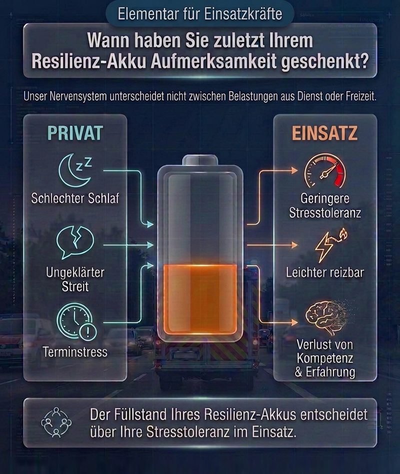 Infografik zum Resilienz-Akku: Ein Akku ist nur zu einem Drittel gefüllt. Links fließen private Belastungen wie schlechter Schlaf und ungeklärter Streit hinein. Rechts stehen die Folgen im Einsatz wie geringere Stresstoleranz und Reizbarkeit (KI-Bild)