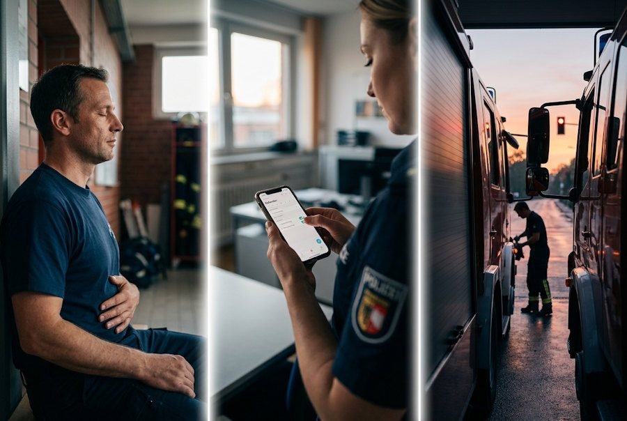 Drei Momente aus dem Dienstalltag: eine kurze Atemübung auf der Wache, ein Blick aufs Handy, ein Fahrzeugcheck am Abend (KI-Bild)