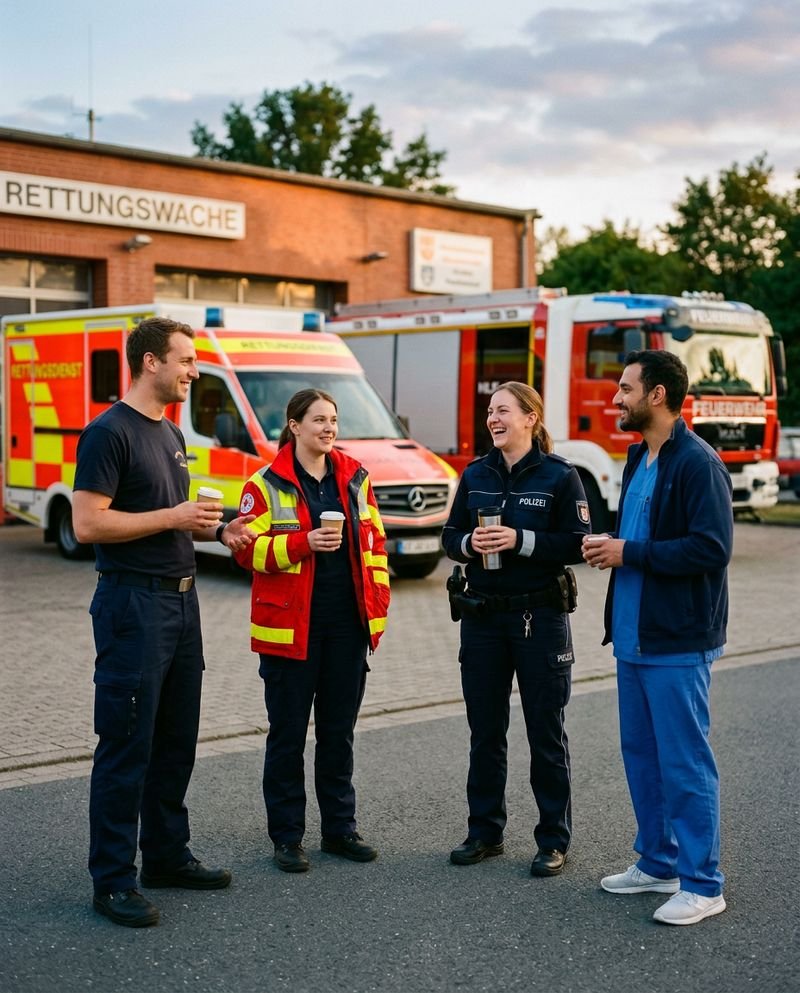 Feuerwehrmann, Notfallsanitäterin, Polizistin und Pfleger aus der Notaufnahme stehen vor einer Rettungswache zusammen und unterhalten sich (KI-Bild)