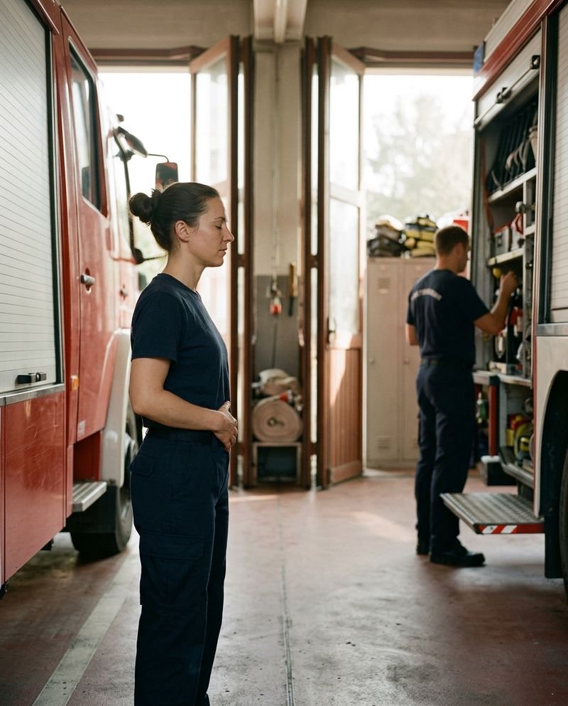 Eine Feuerwehrfrau macht in der Fahrzeughalle vor Dienstbeginn eine kurze Atemübung (KI-Bild)
