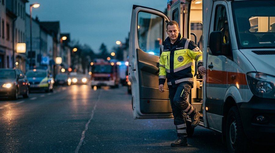 Ein Notfallsanitäter steigt abends ruhig und konzentriert aus dem Rettungswagen (KI-Bild)