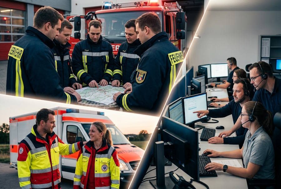 Collage: Feuerwehrleute bei der Lagebesprechung, ein Team aus dem Rettungsdienst und eine Leitstelle (KI-Bild)