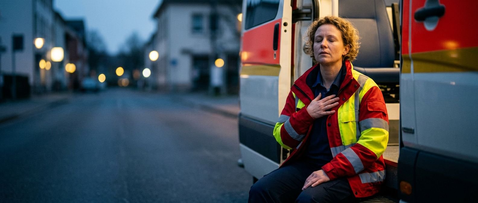 Eine Notfallsanitäterin sitzt in der offenen Tür des Rettungswagens, die Hand auf der Brust, und atmet mit geschlossenen Augen ruhig durch (KI-Bild)