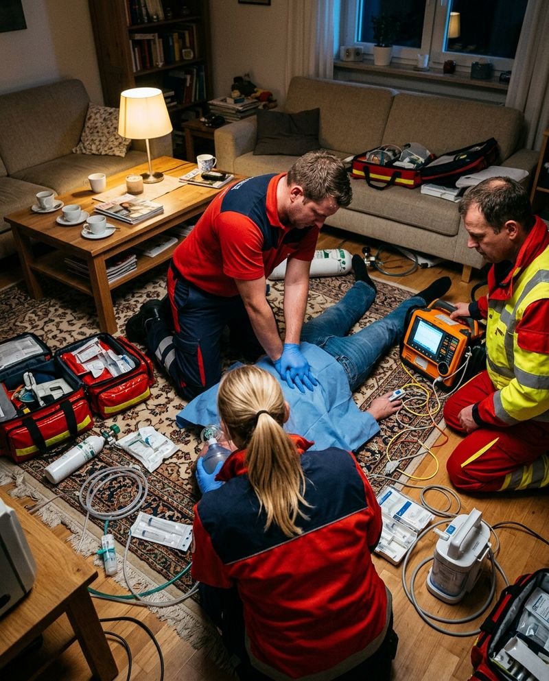 Ein Rettungsteam reanimiert konzentriert auf dem Wohnzimmerboden, ringsum liegen Notfallrucksäcke, Kabel und Material (KI-Bild)