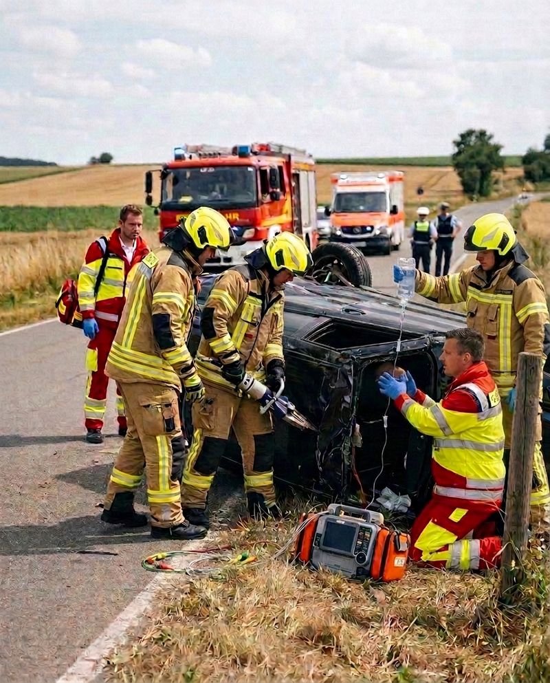 Verkehrsunfall auf einer Landstraße: Feuerwehrleute arbeiten ruhig und eingespielt an einem Auto auf dem Dach, ein Notfallsanitäter versorgt den Patienten im Fahrzeug, ein Feuerwehrmann hält die Infusion, davor steht das EKG (KI-Bild)