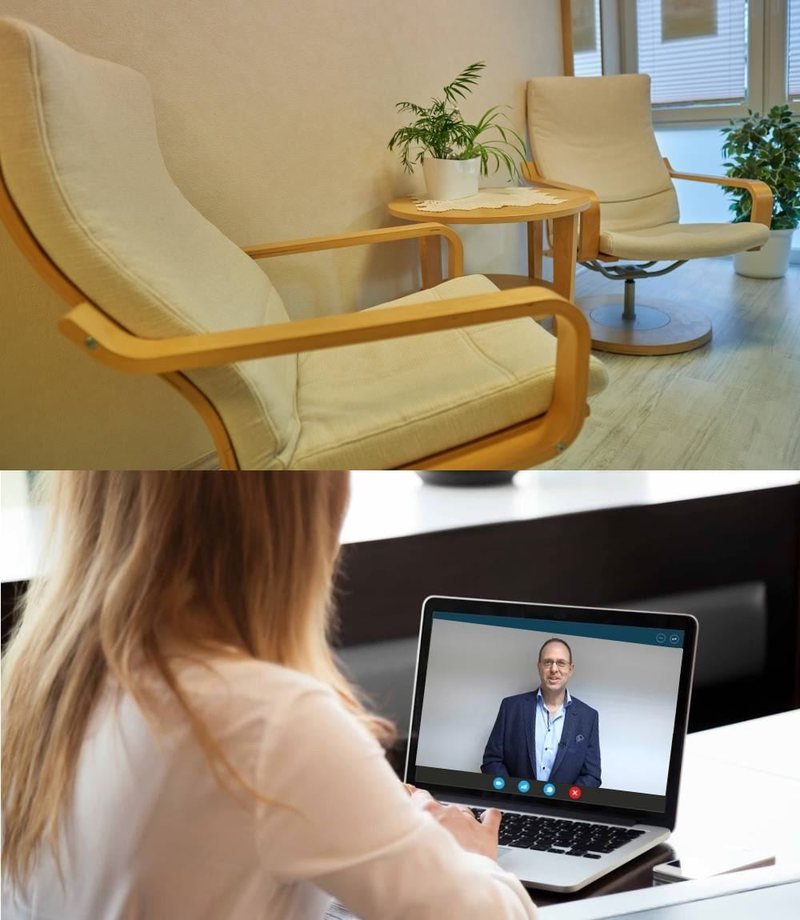 Oben zwei helle Sessel in der Coaching-Praxis in Nettetal, unten eine Frau im Video-Coaching mit Thorsten Springauf am Laptop