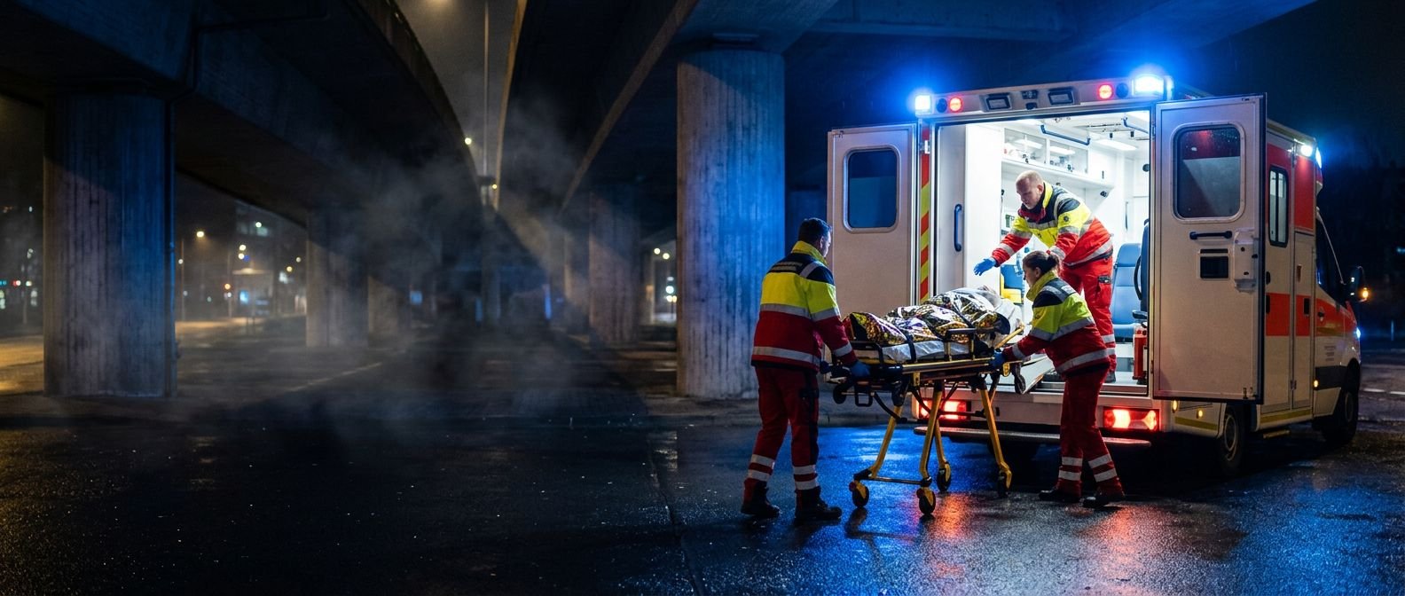 Ein Rettungsdienstteam lädt nachts unter einer Brücke eine Trage in den Rettungswagen (KI-Bild)